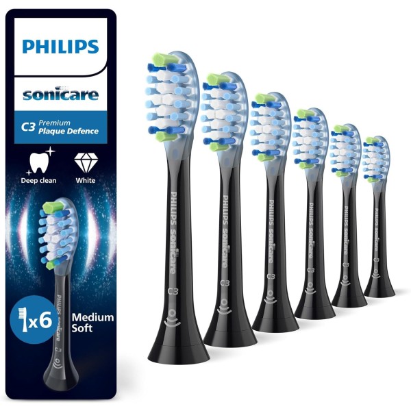 Philips Sonicare C3 Premium Plaque Defence Toothbrush Heads, 6 Pack, Black